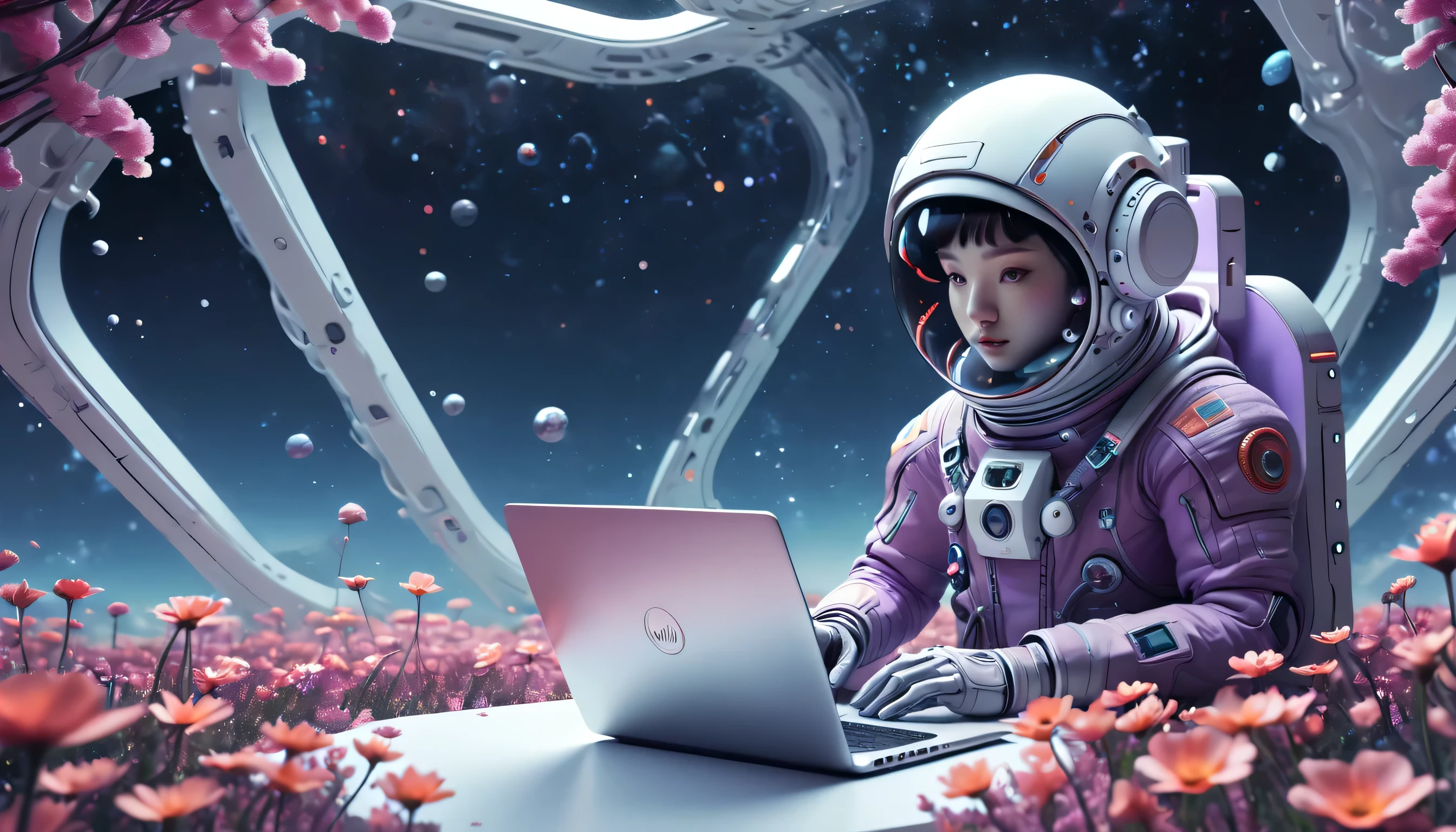 Astronaute assis dans une mer de fleurs tenant un ordinateur portable Lenovo,Visages mystérieux,miroir, Futurisme, Art Nouveau, Cosmos,Espace tridimensionnel, Symboles fantastiques, Haute qualité, Minimalisme numérique, Violet clair et rouge clair, art conceptuel,Photographie XUNNI,Vaisseau spatial DT