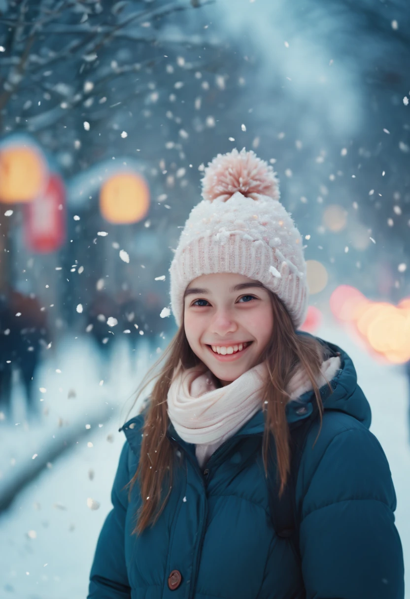 cinematic photo 1girl, smile, snow, 35mm photograph, film, bokeh, professional, 4k, highly detailed