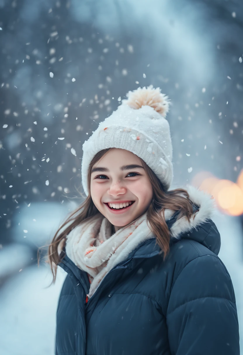 cinematic photo 1girl, smile, snow, 35mm photograph, film, bokeh, professional, 4k, highly detailed