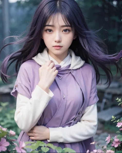 1girl, hinata hyuga long hair, purple hair, realistic, 70mm lens, ultra detail 