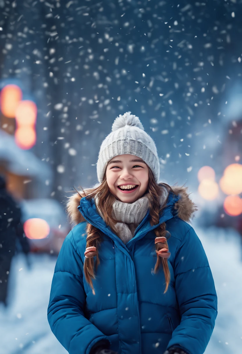 cinematic photo 1girl, smile, snow, 35mm photograph, film, bokeh, professional, 4k, highly detailed