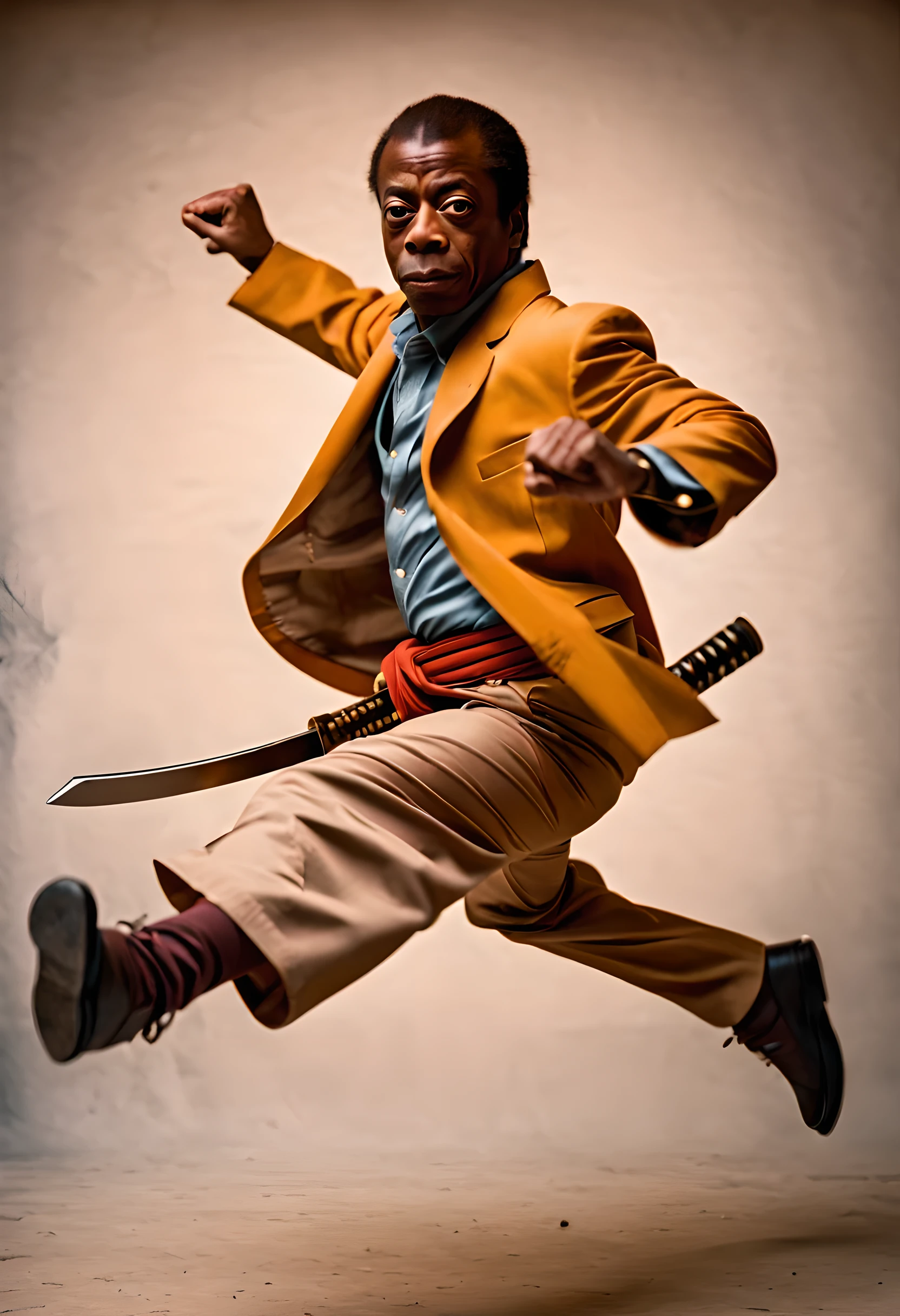 詹姆斯·鲍德温 (James Baldwin) 扮成武士摆出动作姿势的搞笑照片, 韦斯·安德森的风格, 1985 年，他一边焊接武士刀，一边跳跃并摆姿势拍照, 优质的, 胶片颗粒, 全身