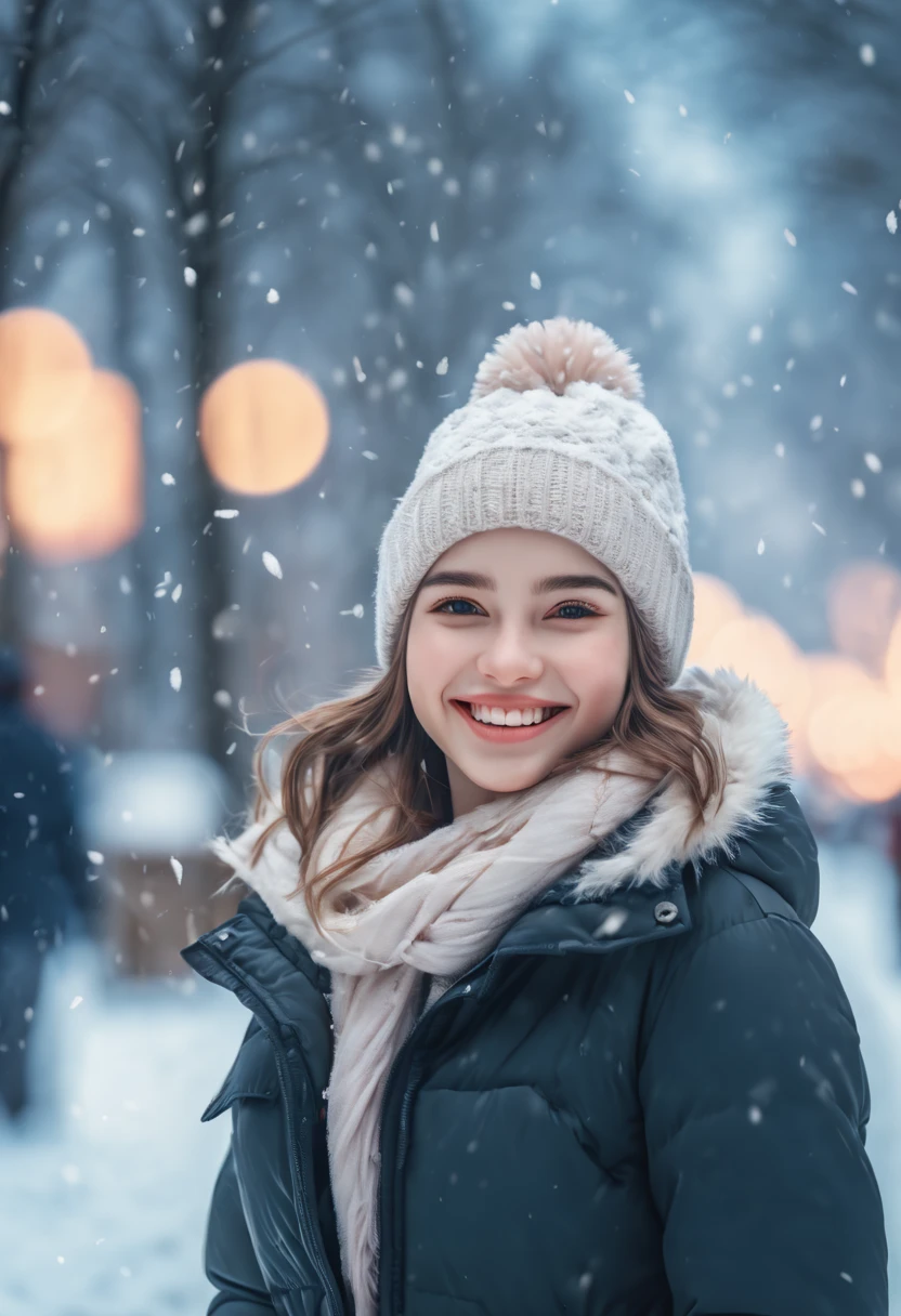 cinematic photo 1girl, smile, snow, 35mm photograph, film, bokeh, professional, 4k, highly detailed