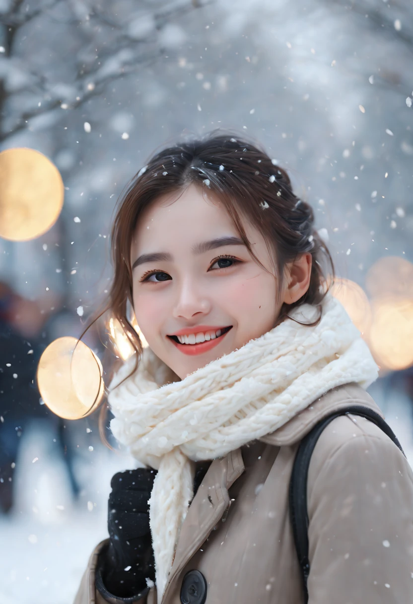 cinematic photo 1girl, smile, snow, 35mm photograph, film, bokeh, professional, 4k, highly detailed