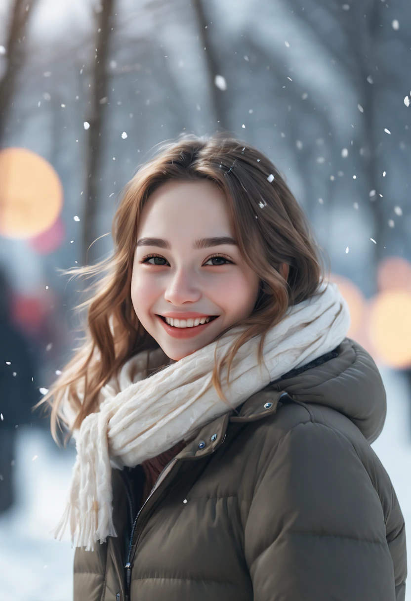 cinematic photo 1girl, smile, snow, 35mm photograph, film, bokeh, professional, 4k, highly detailed