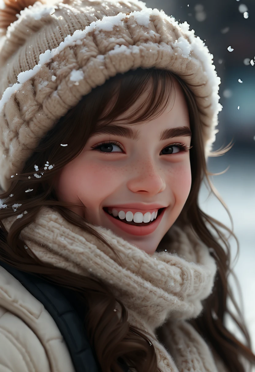 cinematic photo 1girl, smile, snow, 35mm photograph, film, bokeh, professional, 4k, highly detailed