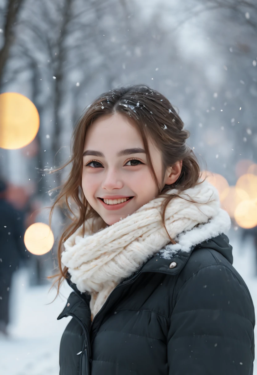 cinematic photo 1girl, smile, snow, 35mm photograph, film, bokeh, professional, 4k, highly detailed