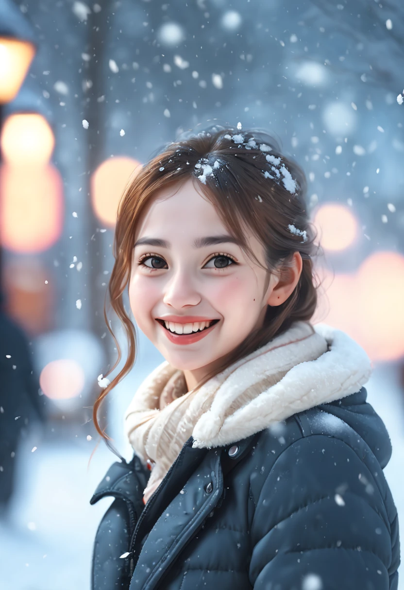 cinematic photo 1girl, smile, snow, 35mm photograph, film, bokeh, professional, 4k, highly detailed