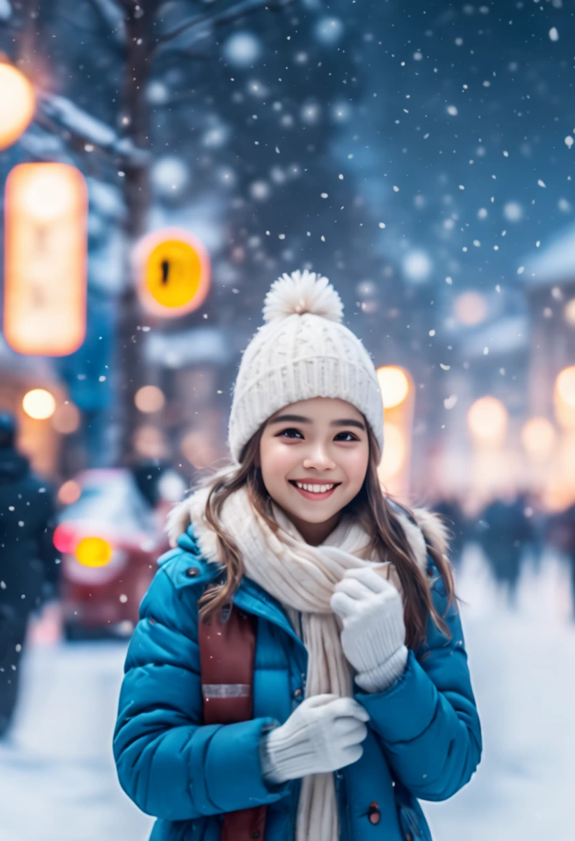 cinematic photo 1girl, smile, snow, 35mm photograph, film, bokeh, professional, 4k, highly detailed