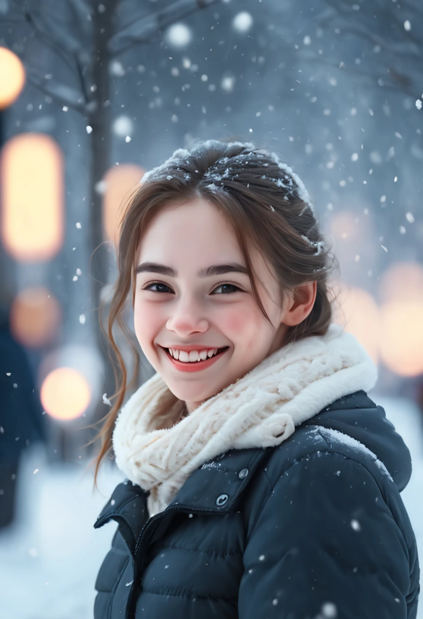 cinematic photo 1girl, smile, snow, 35mm photograph, film, bokeh, professional, 4k, highly detailed