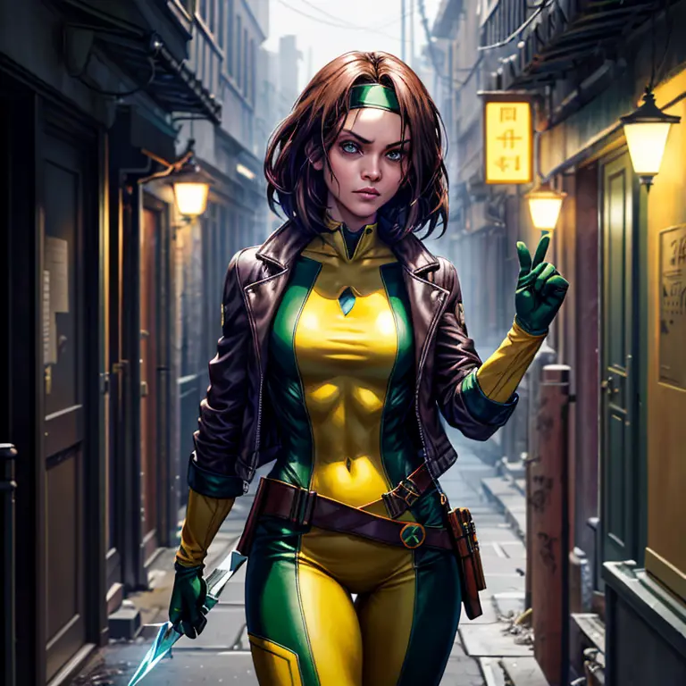 (Dark shot: 1.1), Epic realistic, Rogue from X-Men, lone woman, exuding beauty and seriousness, piercing green eyes, cascading d...