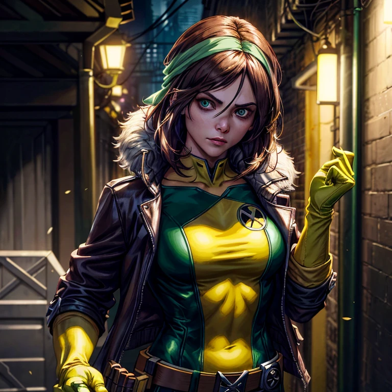 (Dark shot: 1.1), Epic realistic, Rogue from X-Men, lone woman, exuding beauty and seriousness, piercing green eyes, cascading dark brown hair with a single white streak, adorned with a green headband, clad in a judgement-day green and yellow bodysuit, topped with a jacket and cinched with a belt, matching yellow gloves revealed as she opens her jacket, enveloped in the mystery of a dark alley, meticulously crafted by renowned artists Greg Rutkowski and artgerm. Soft cinematic light bathes the scene, filtered through Adobe Lightroom and further refined in a darkroom or using