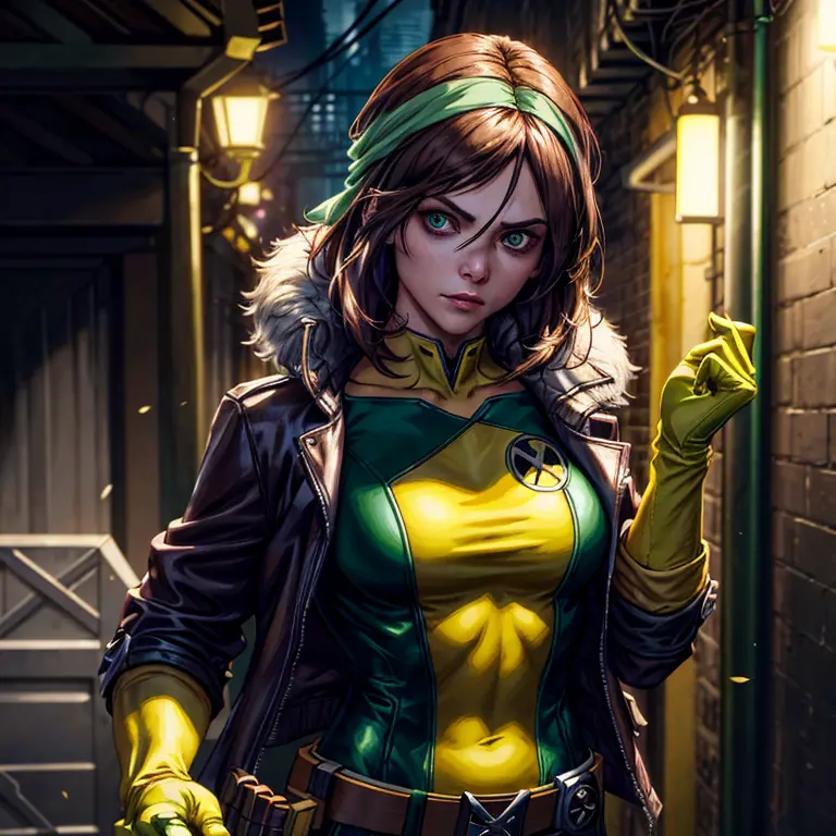 (Dark shot: 1.1), Epic realistic, Rogue from X-Men, lone woman, exuding beauty and seriousness, piercing green eyes, cascading d...