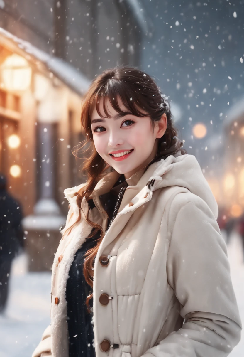 cinematic photo 1girl, smile, snow, 35mm photograph, film, bokeh, professional, 4k, highly detailed