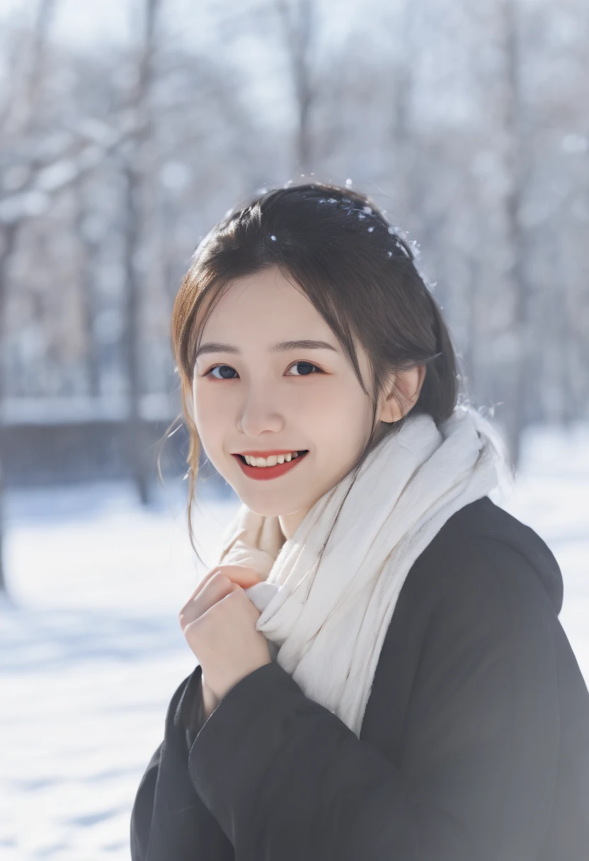 cinematic photo 1girl, smile, snow, 35mm photograph, film, bokeh, professional, 4k, highly detailed