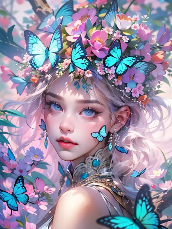 This artwork is like a dream.、It is a mythical fantasy style, Fantastic fantasy world、A dreamy landscape surrounded by flowers、A...