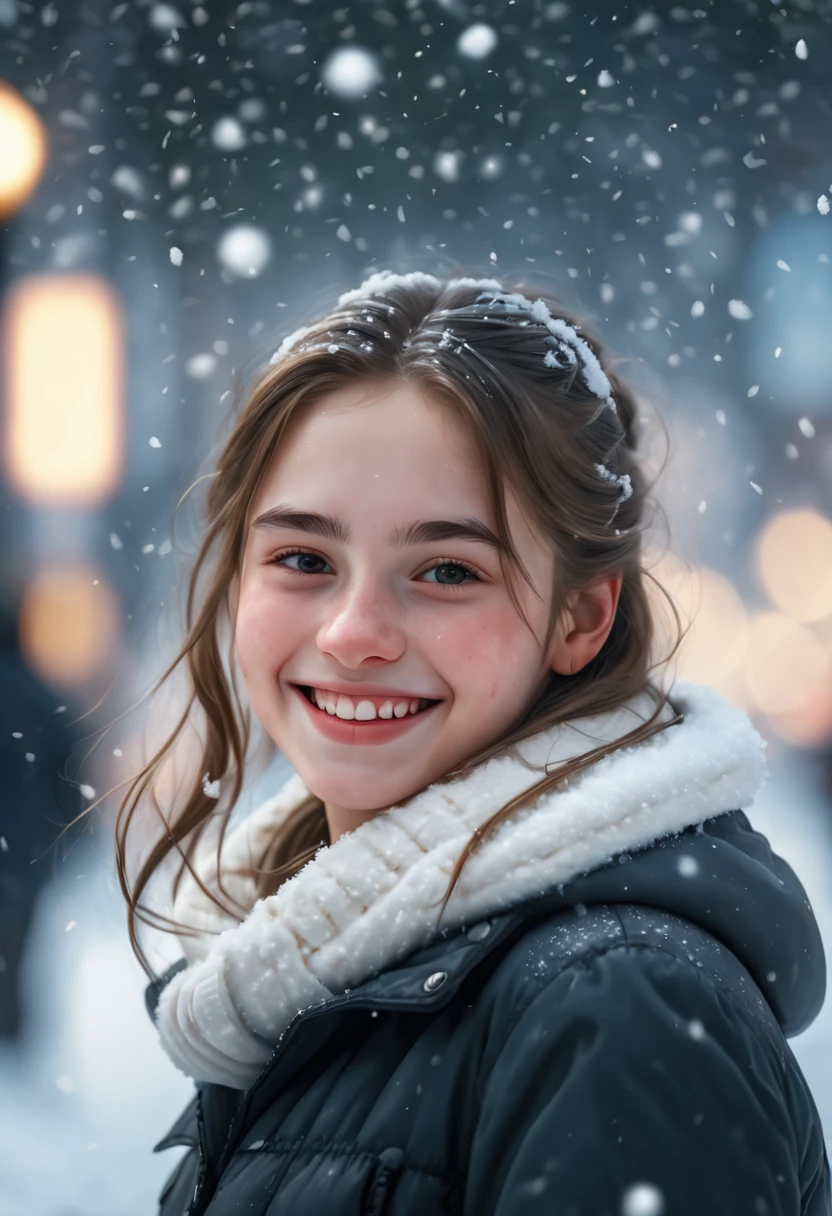 cinematic photo 1girl, smile, snow, 35mm photograph, film, bokeh, professional, 4k, highly detailed