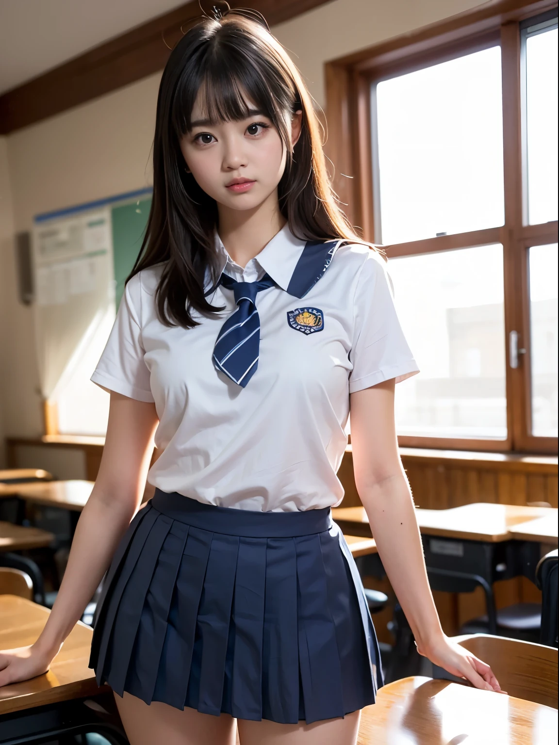 1 young girl, 8k wallpaper, professional photography, realistic portrait, cinematic light, bangs, shortcut、(High , pleated mini skirt:1.3), School, classroom,(highest quality:1.0), (realistic:1.0), (8k, RAW photo:1.1), (8k Very become familiar with CG unit wallpaper), (highest quality), (best illustrations), (best shadow), (become familiar with: 1.4), 3d, HDR (high dynamic range), ray tracing, nvidia RTX, super resolution, scattered below the surface, PBR texture, Post-processing, anisotropic filtering, Depth of written boundary, maximum sharpness and acutance, multilayer texture, Albedo and highlight mapping, surface shading, Accurate simulation of light-matter interactions, perfect proportions, octane rendering, 超Realistic、Photographed with Canon EOS R5、50mm lens、f / 2.8