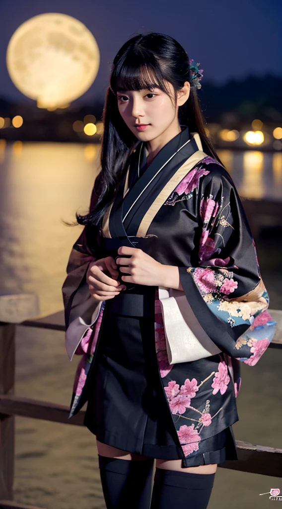 masterpiece,highest quality,1 girl,perfect face,looking at the camera,black hair,long hair,hairstyle with bangs,Body with good style,blush,kimono,Jet black kimono,mini skirt,panty shot,tuck up,thighs,Thighhighs,fantastic scenery,night,moon,cherry blossoms