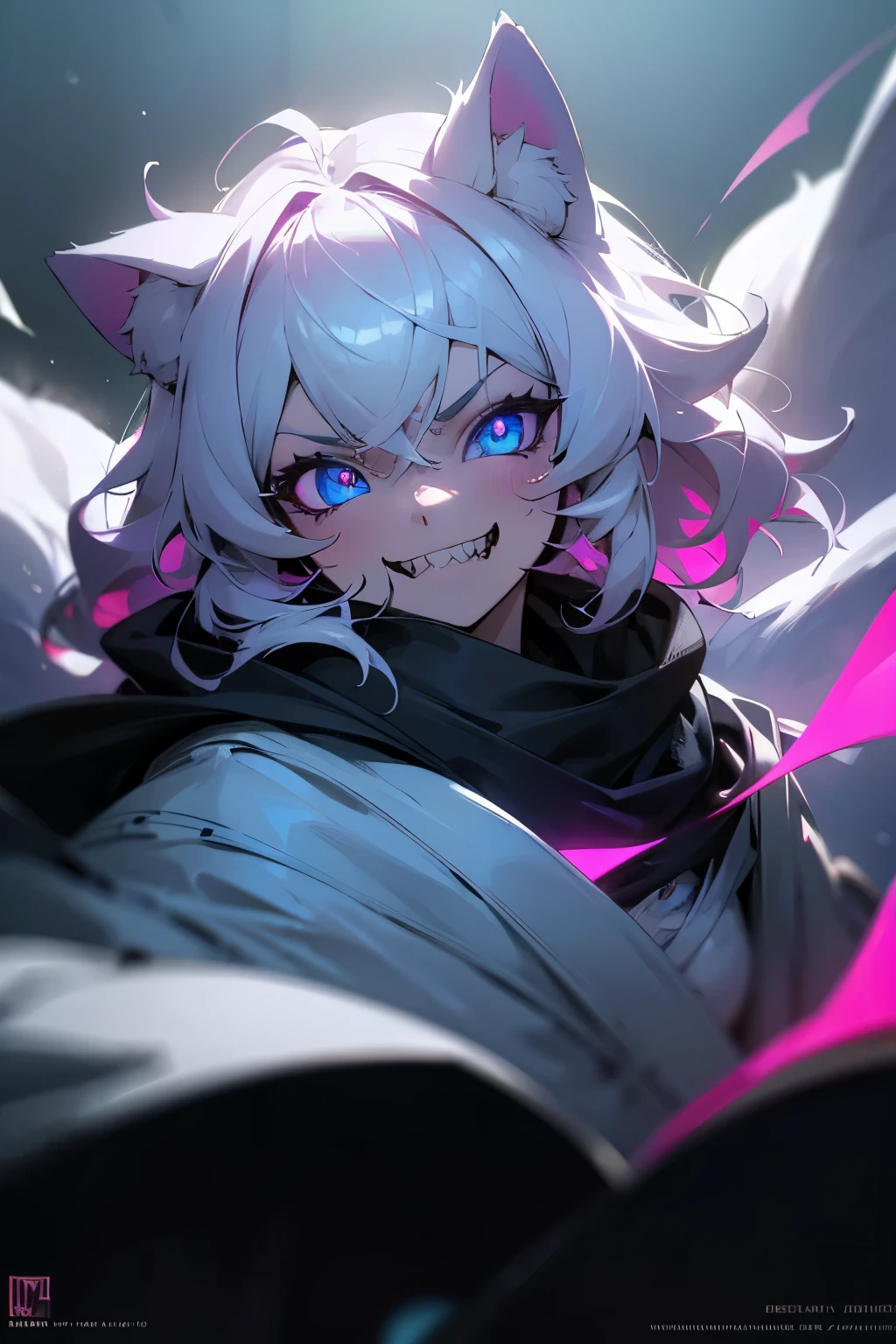 master masterpiece, 4k, highly detailed, HDR, subsurface scattering, cinematic light, (beautiful detailed eyes:1.6), extremely detailed face, 1 woman, mature woman, cat ears, hexmaniac , curly hair, messy hair, white hair, scarf, dark robe, white fur, Neko, night hunter, neon purple eyes, swirling pupils, night, sharp teeth, sadistic smile, naught, scary，dark magic, Clear focus，hard lighting，vivd colour
