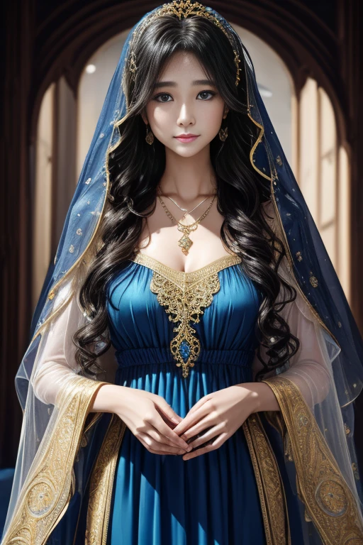 wavy hair wavy hair，Eyes are very delicate，，necklace，（（（hair accessories）））（（（veil）））Oily and shiny skin，blue and gold maxi dress、（（best quality））， （（intricate details））， （（Surrealism））（8k）