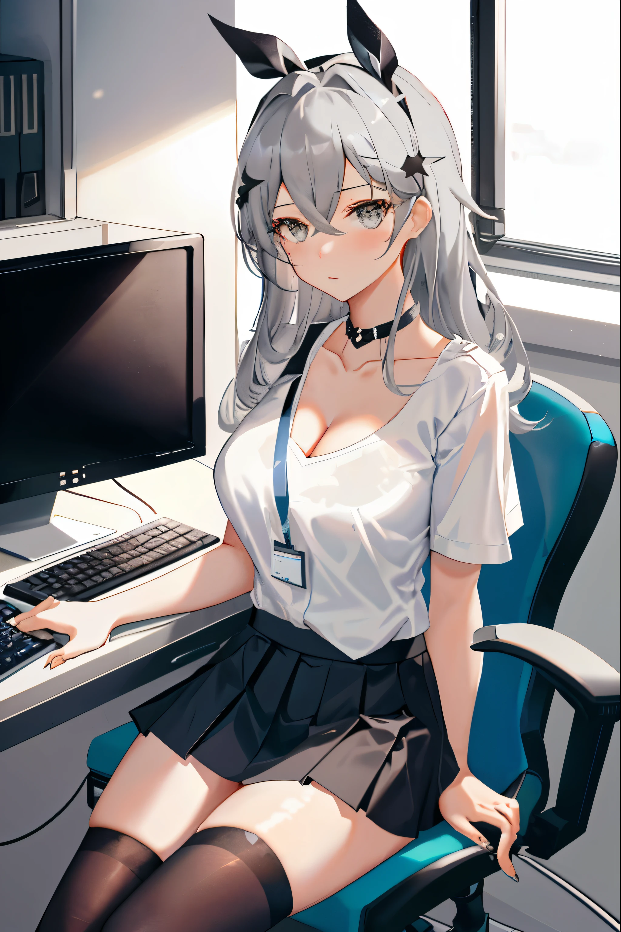 Silver wolf, honkai star rail, 1girl, solo, ((white shirt)), black thighhighs, breasts, cleavage, uniform, office background, black skirt, pleated skirt, office, hair between eyes, hair ornament, large breasts, long hair, looking at viewer, silver short nails, grey eyes, solo, thighhighs, thighs, ((masterpiece)), sitting, chair, desk, computer on desk, name tag, id tag, indoor, blush, sexy pose, hands behind, ((office top)),