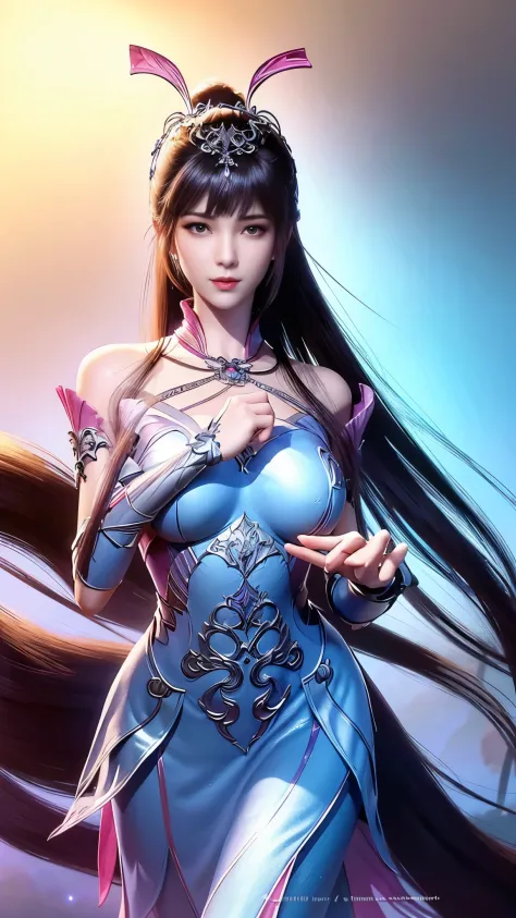 Close-up of a woman in a silver blue dress, Cheng Weipan Art Station, Xiuxian Technology Sense, detailed fantasy art, Stunning c...