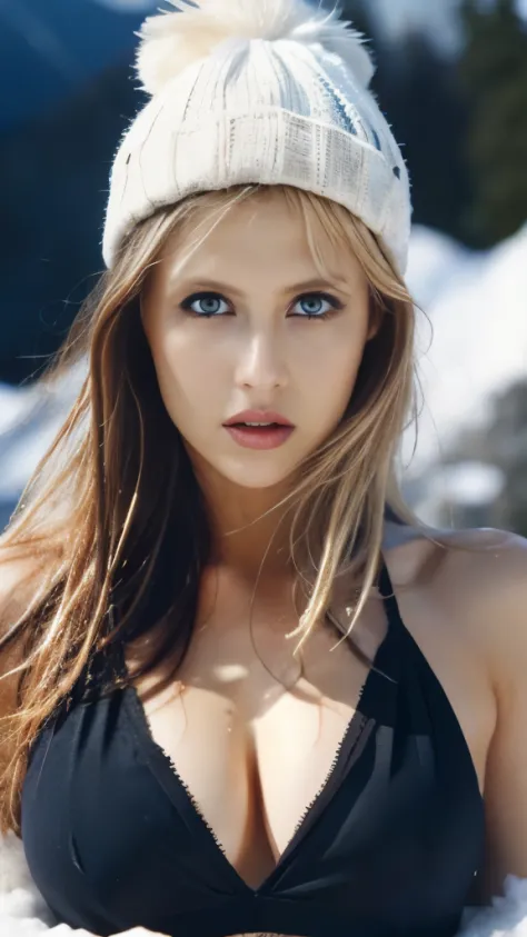 Female sexy、platinum blonde hair, light brown hair, streaked hair, blonde highlights hair, wet hair, ponytail hair,  black lingerie,  naked chest、thick white snow pants, snowboard, white beanie,  cold, dark tanned skin, crystal blue eyes,  looking at the c...