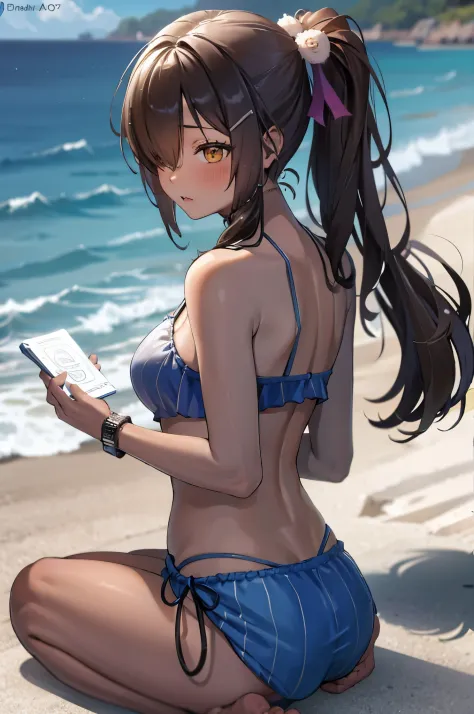 (masterpiece:1.3),(highly detailed:1.3),(highres:1.1),best quality,Ultra-detail,1girl,solo,beach,jelo-naga \(nikke\),ponytail,swimsuit,embarrassed,blush,