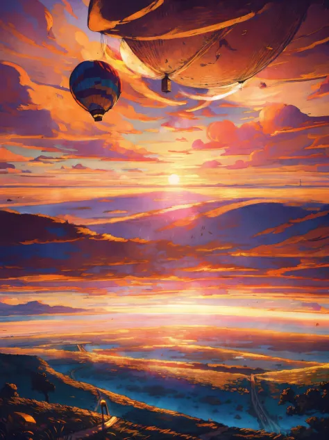 hot air balloon floating in the sky, golden glow, mesmerizing scenery, breathtaking view, sparkling fabric, intricate details, e...
