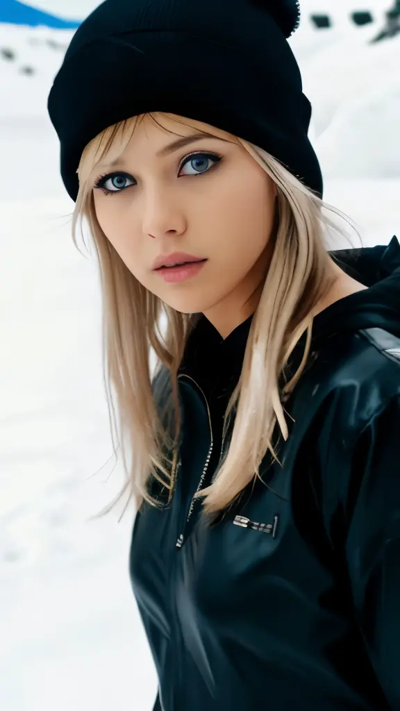 Female sexy、platinum blonde hair, light brown hair, streaked hair, blonde highlights hair, wet hair, ponytail hair,  black lingerie,  naked chest、thick white snow pants, snowboard, white beanie,  cold, dark tanned skin, crystal blue eyes,  looking at the c...