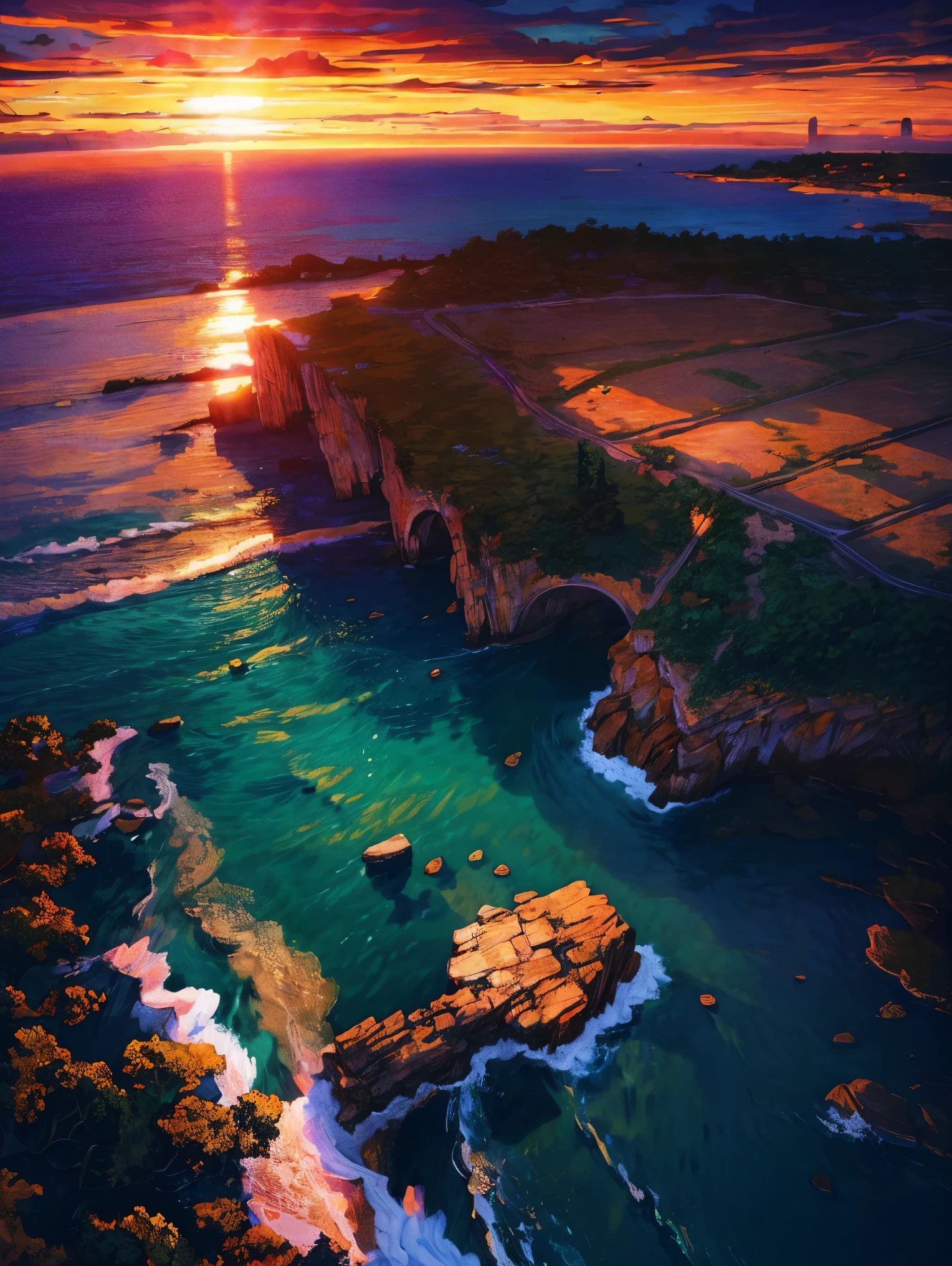 Sunset over the ocean with rocks and algae-covered water, chaotic sea setting, vibrant sunrise, vibrant sunset, author：Alexander Robertson, Orange rock, Landscape photo, Vivid red and green, epic sunset, author：Matthias Wescher, Today\'s featured photograph 4k, Sunset glow, epic sunrise, prime time, an amazing landscape image, breathtaking composition