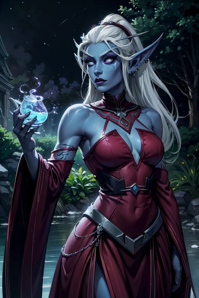 1girl, beautiful shenightborne, dark purple-blue skin, tattoo, facepaint, long white hair, jewels, elf ears, earrings, piercing, red dress, forest, tree, night, dark atmosphere, athletic, volumetric lighting, best quality, masterpiece, realistic, Anatomically correct, master piece, best quality, portrait