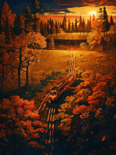 a painting of an autumn landscape, autumn trees and dead trees, dead leaves blowing, perspective view of train tracks, evening l...