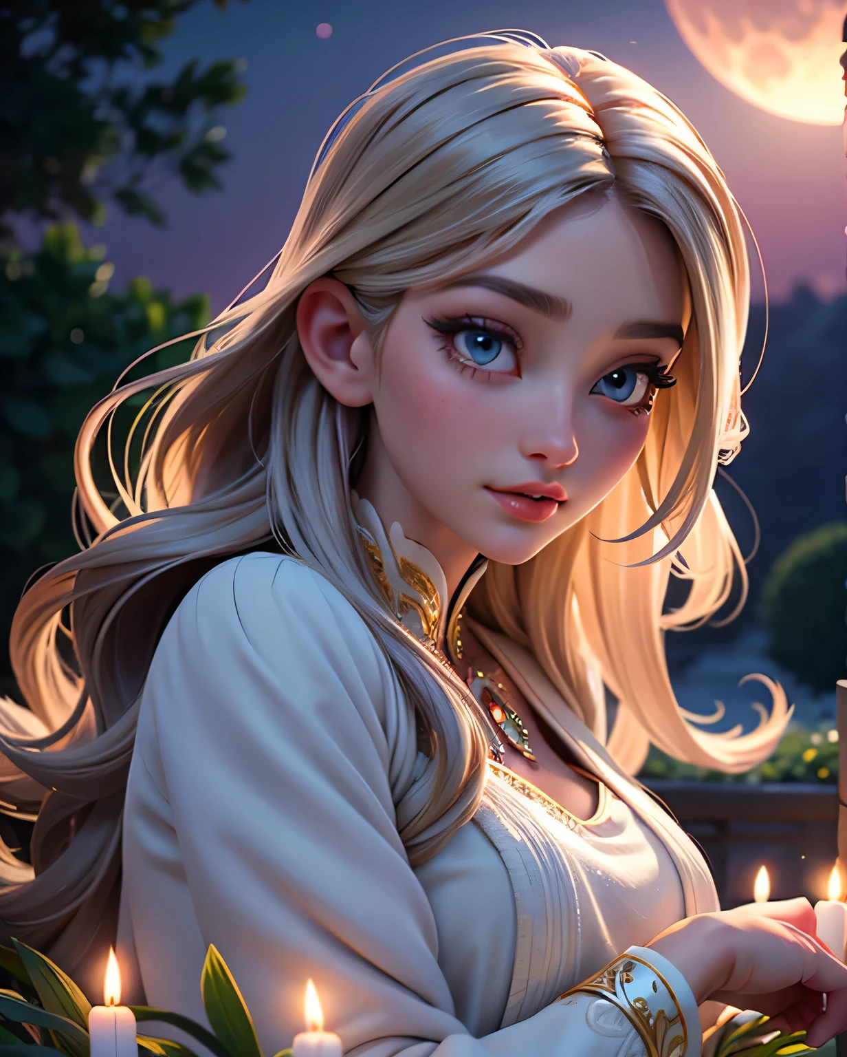 beautiful detailed eyes,beautiful detailed lips,extremely detailed face,flowing hair,feminine appearance,soft and gentle expression,romantic atmosphere,sunset lighting,subtle shadows,lush greenery,colourful flowers,serene and peaceful ambience,majestic full moon,glowing moonlight,magical and dreamy setting