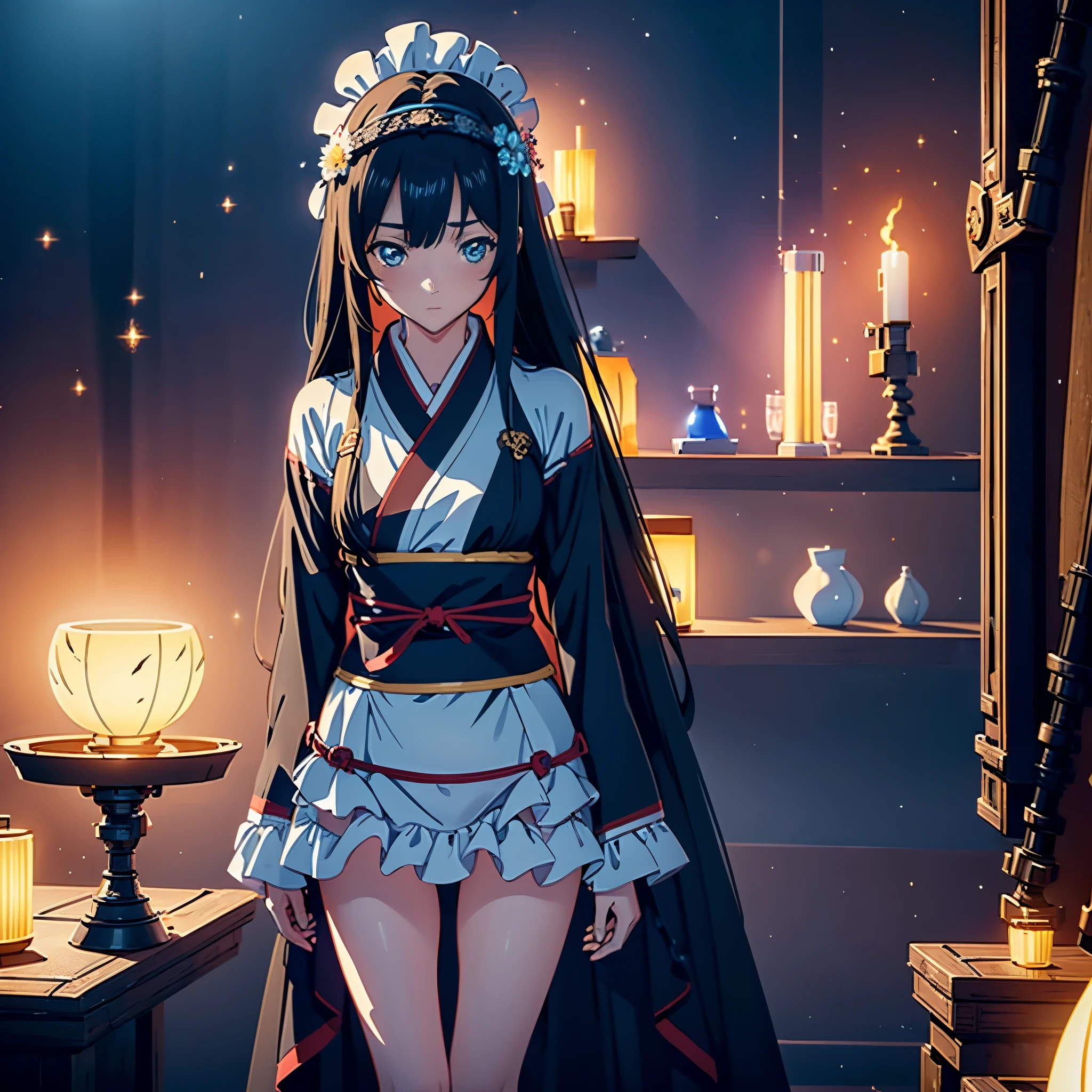 1 Girl,  long black hair,  light blue eyes, Headdress , Red Kimono , Red Flower Hairpin , g0thk1m0n0 , shy,  blush, Code Geass , Anime , Style ,((Best quality)),  ((masterpiece)),  3D,  HDR (High Dynamic Range), Ray Tracing,  NVIDIA RTX,  Super-Resolution,  Unreal 5, Subsurface scattering,  PBR Texturing,  Post-processing,  Anisotropic Filtering,  Depth-of-field,  Maximum clarity and sharpness,  Multi-layered textures,  Albedo and Specular maps,  Surface shading,  Accurate simulation of light-material interaction,  Perfect proportions,  Octane Render,  Two-tone lighting,  Wide aperture,  Low ISO,  White balance,  Rule of thirds, 8K RAW,  Aura,  masterpiece,  best quality,  Mysterious expression,  magical effects like sparkles or energy,  flowing robes or enchanting attire,  mechanic creatures or mystical background,  rim lighting,  side lighting,  cinematic light,  ultra high res,  8k uhd,  film grain,  best shadow,  delicate,  RAW,  light particles,  detailed skin texture,  detailed cloth texture,  beautiful face,  (masterpiece),  best quality,  expressive eyes,  perfect face,
