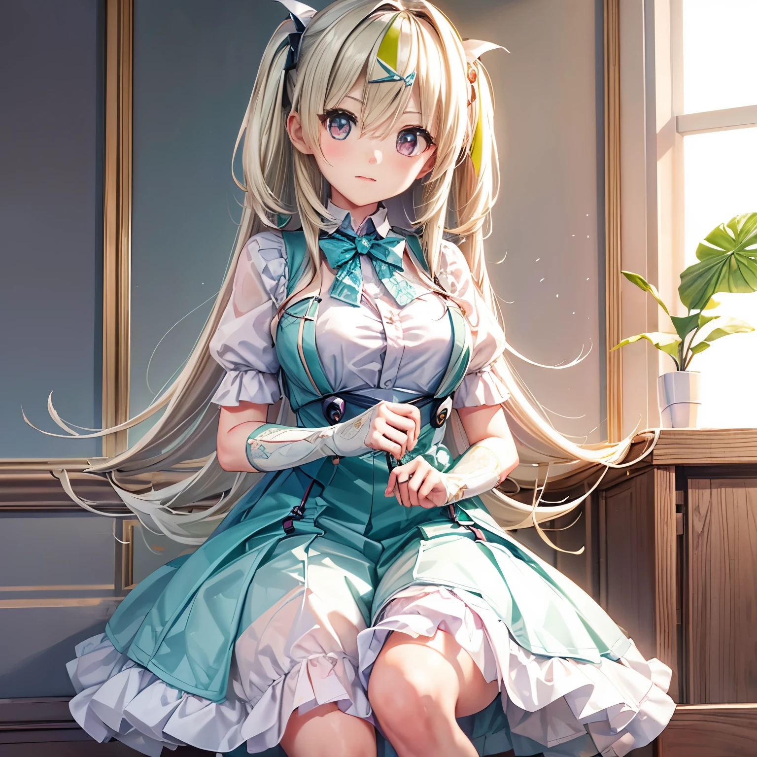 pastel classic style, (artwork), (Amazing work), (Indirect linear lighting), (Chibi Cute Studio), (cuteアニメのGIF), (nice、cute、cute), (Highly detailed wallpapers of CG 8k units), (1 girl) Wearing a beautiful dress, cuteフリルのティアラと長い緑色の髪, Please wear silk gloves, white skin, (かなりcuteです),