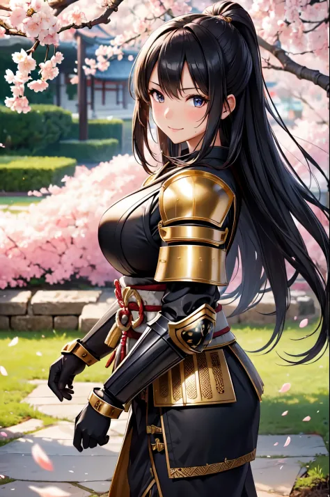 (High quality, High resolution, Fine details), Realistic, ancient Japanese cherry blossom garden, falling cherry blossoms, BREAK (black and gold samurai armor:1.2), highly detailed armor, BREAK solo, curvy women, subtle wind blowing through her hair, long ...