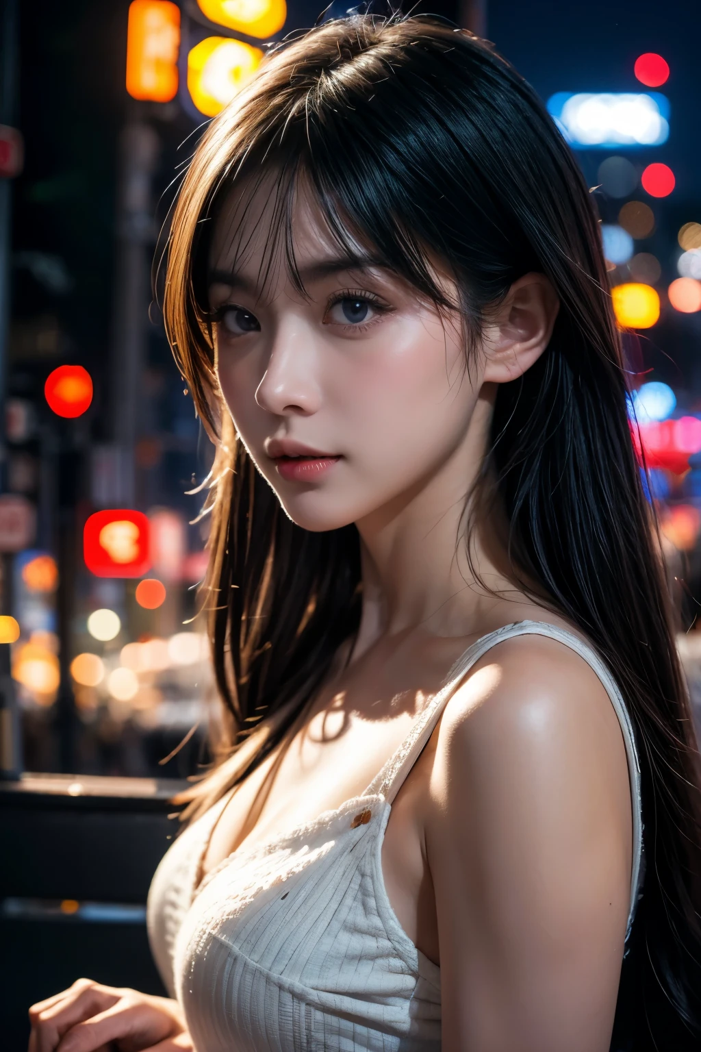 1girl, Tokyo street,night, cityscape,city lights, upper body,close-up, 8k, RAW photo, best quality, masterpiece,realistic, photo-realistic,