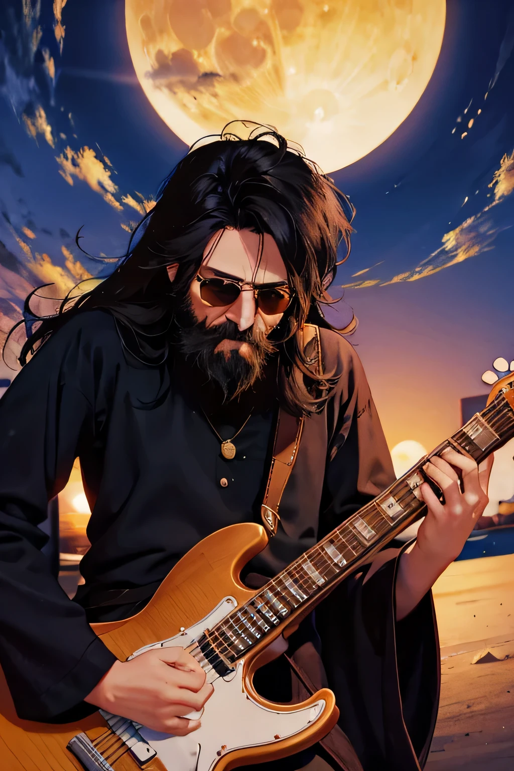 old man with beard long black hair like john lennon, playing guitar, playing a song, peace and love, the sun and the moon
