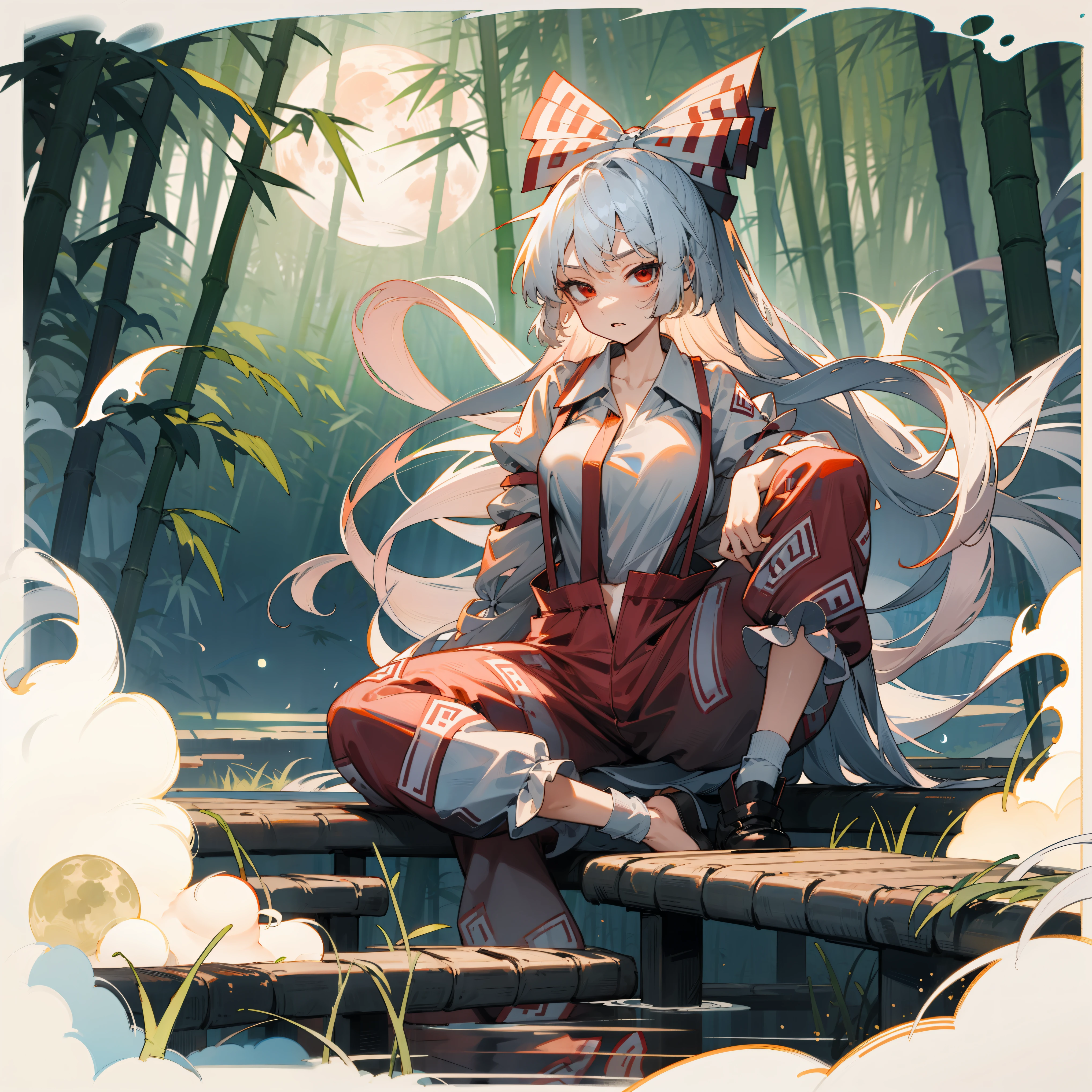 Fujiwara no Mokou(from Touhou) in bamboo forest. She has big tits. She has white hair, red eyes.  She's wearing a white shirt, sit, night, moon, hair ribbons, stay