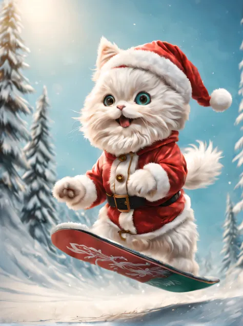 cute minuet, snowboarding in santa costume, carrying a christmas present, sense of speed, motion blur:1.2, (masterpiece), (highest quality), (Ultra high detail)