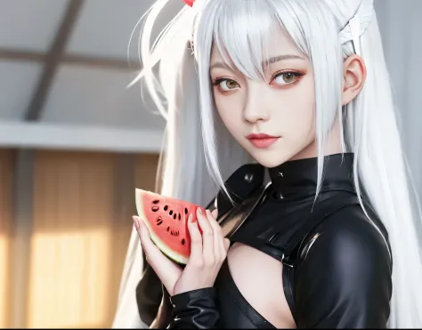 girl with long white hair holding a slice of watermelon, whitw haired, perfect white haired girl, white haired lady, girl with w...