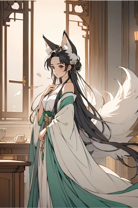 (masterpiece), (best quality), 1girl, girl with fox ears, swimsuit, Hanfu, nine-tail fox, off shoulder