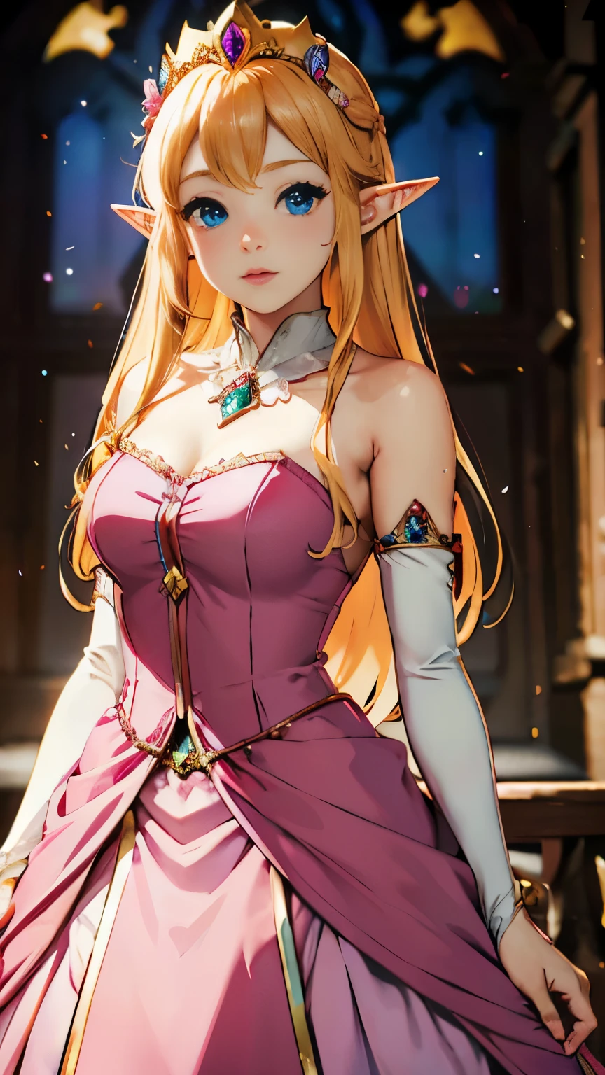 (quality, 4k, 8k, high resolution, masterpiece: 1.2), ultra-detailed, blurry, depth of field, blurred foreground, blurred background, pink, pink rose, dress, jewelry, earrings, elf ears, elf blonde hair, stained glass, princess dress, blue eyes, elbow gloves, pink dress, breasts, looking at viewer, hair over one eye, long hair, pink flower, elf ears, throne room, gloves, motion blur, solo focus , peach princess, crown, strapless, blush, white dress, photo \(medium\), 1 elf girl, gem