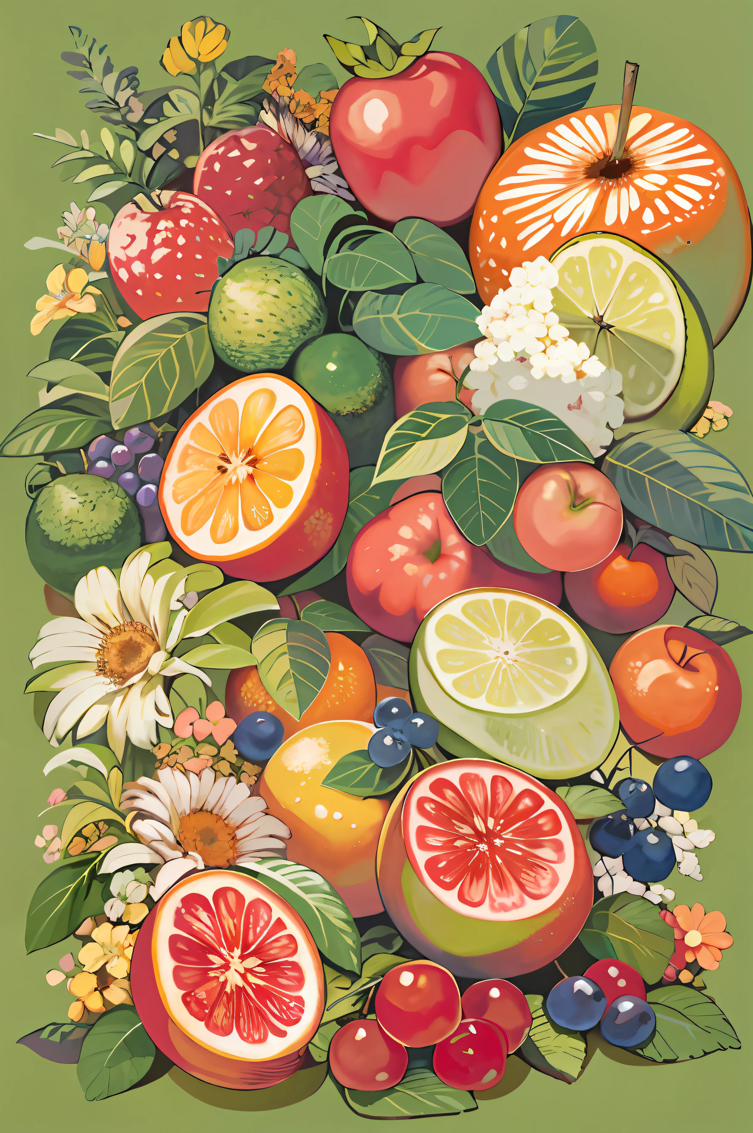 桌上有一串水果的畫, 水果和鮮花, 全彩插圖, 作者：約翰·韋納霍特, made of 水果和鮮花, 由鮮花和水果製成, 水果, 色彩飽滿 w 1024, 全彩數位插圖, 作者：理查德·梅休, 官方艺术, 在水粉畫的細節畫中, 優雅的插圖