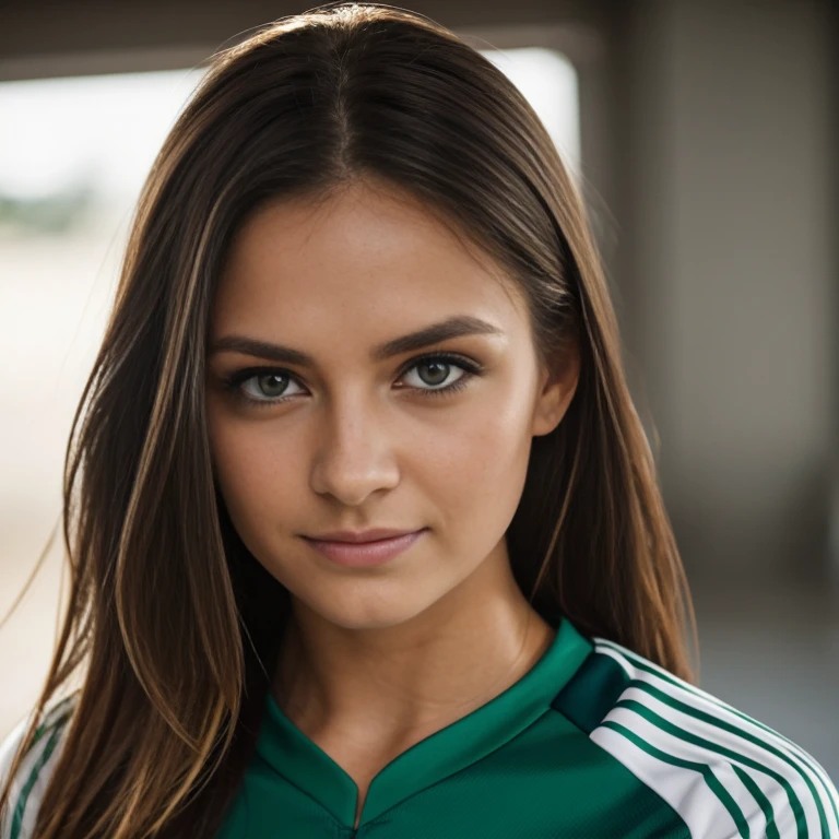 Beautiful girl, 23years old, Long hair, Brown hair, green eyes, pointed nose, thin, portrait, hyper 真实感, Black blouse, In the bank, Face with 85mm DLSR color zoom. Very detailled studio face portrait photograph, only head visible, Intense look towards the camera, mexico soccer clothing, light grey background, unreal engine 5, Real photo. , 真实感, detailled