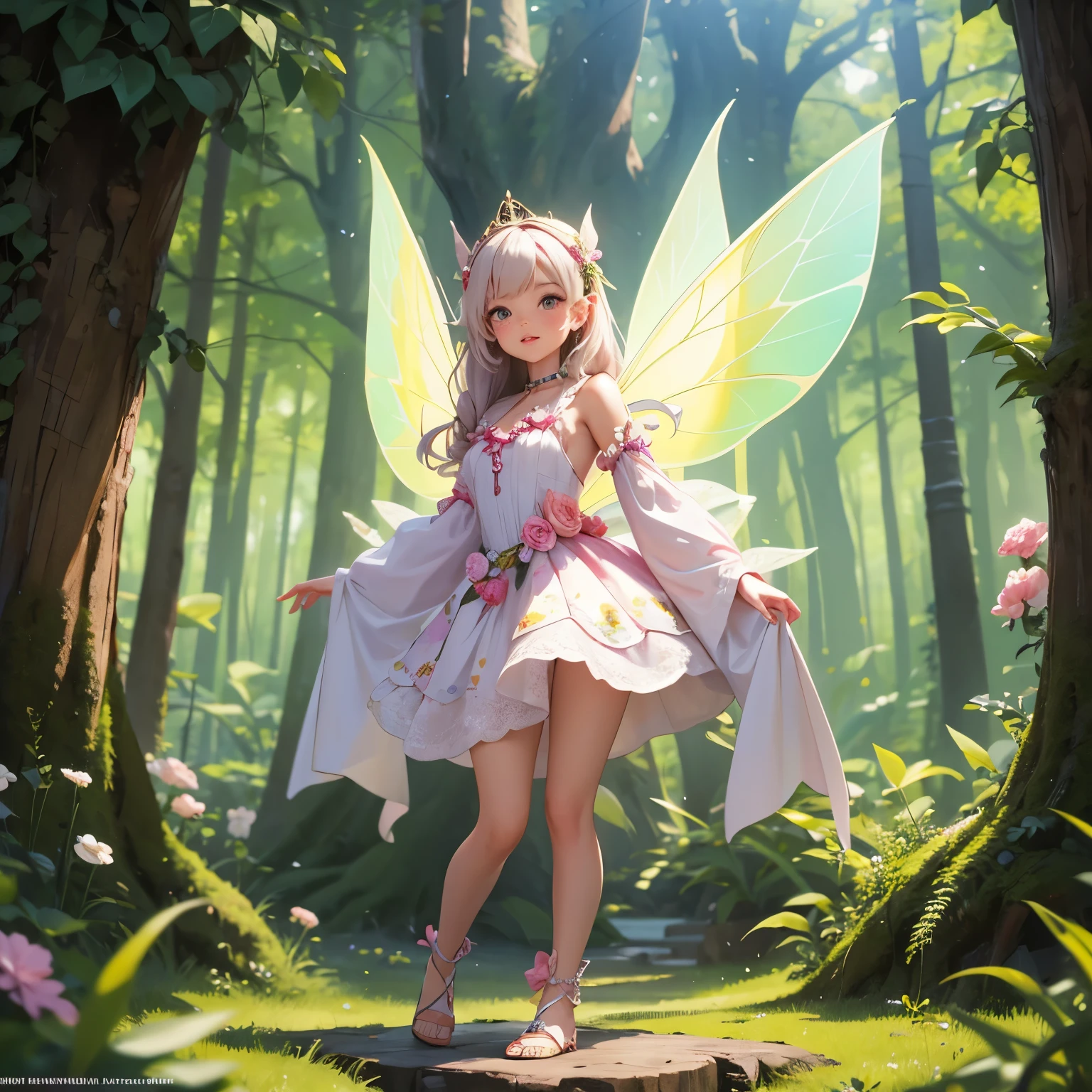 Flying fairy living in the fairy forest fairy wearing fairy clothes design outfit full body standing showing pussy