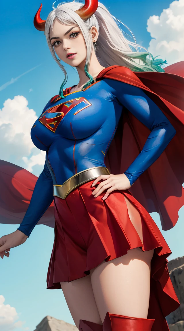 (melhor qualidade:1.3), Supergirl, capa vermelha, S do super-homem no peito, blue swimsuit, Red skirt, botas vermelhas, (demon girl), very huge breasts, sedutora, sexy, cabelo branco com as pontas verde claro, chifre com as pontas vermelho