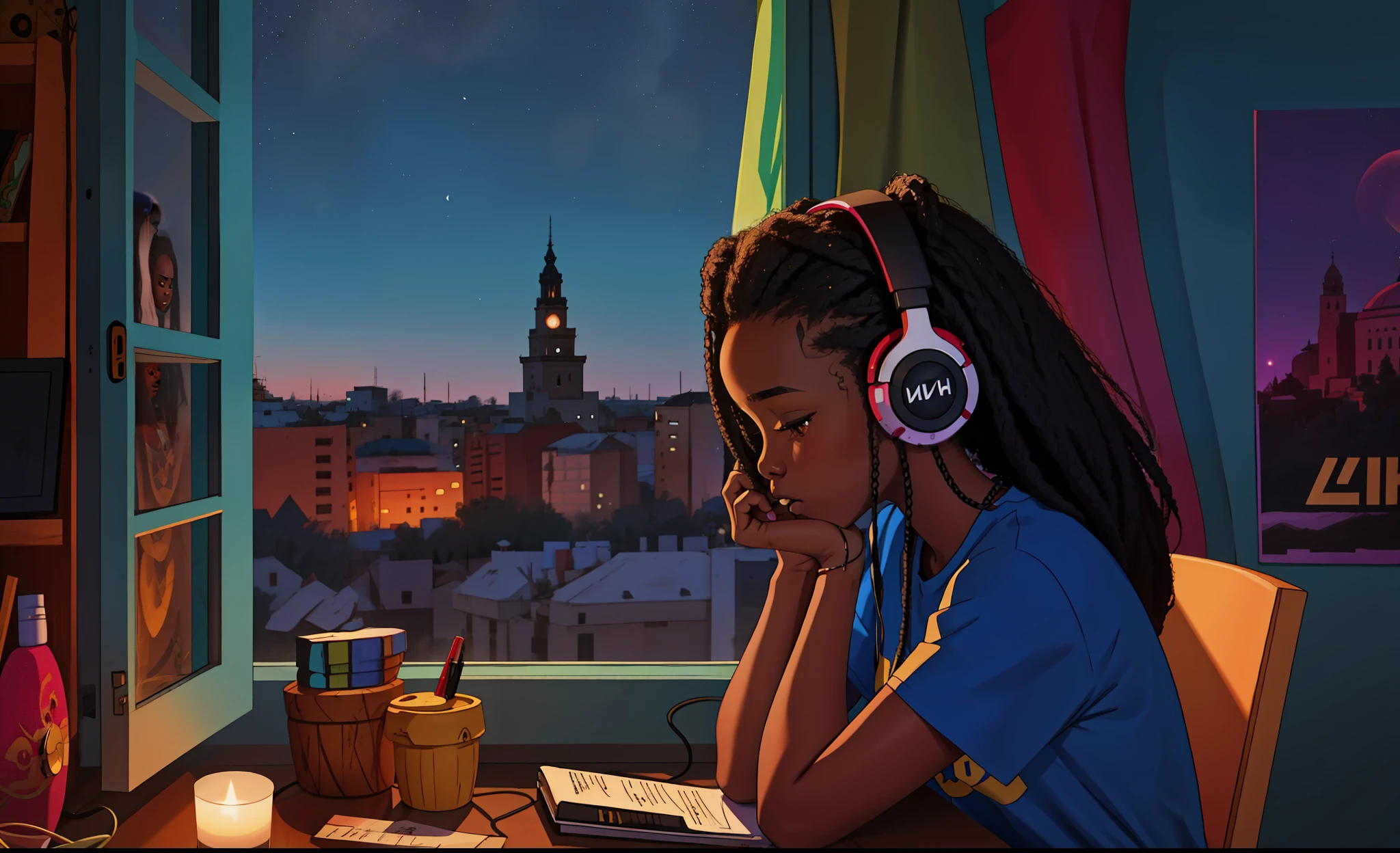 "lofistudy, African girl writing from a side profile with long hair, wearing headphones and a t-shirt, sitting by a window with a Ukraine background at night, capturing the essence of hip hop vibes."